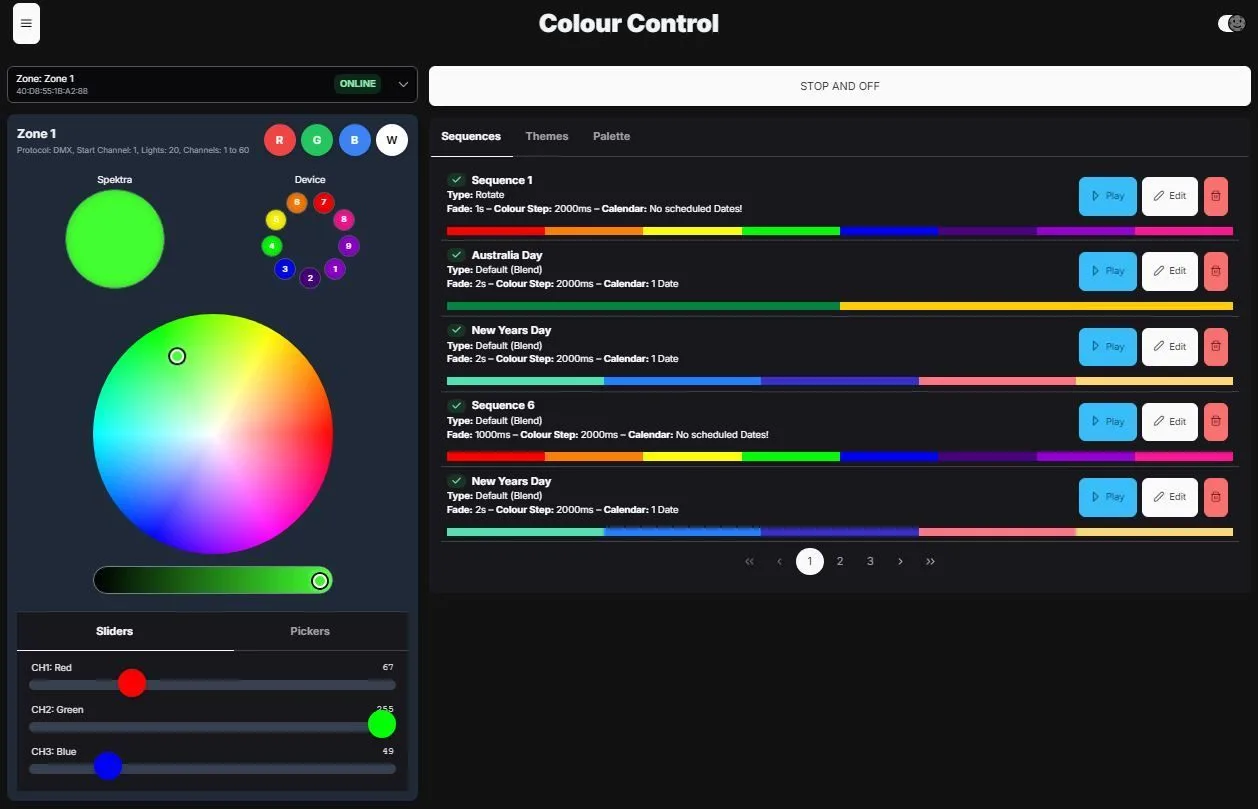 Spektra+ colour control app running on desktop